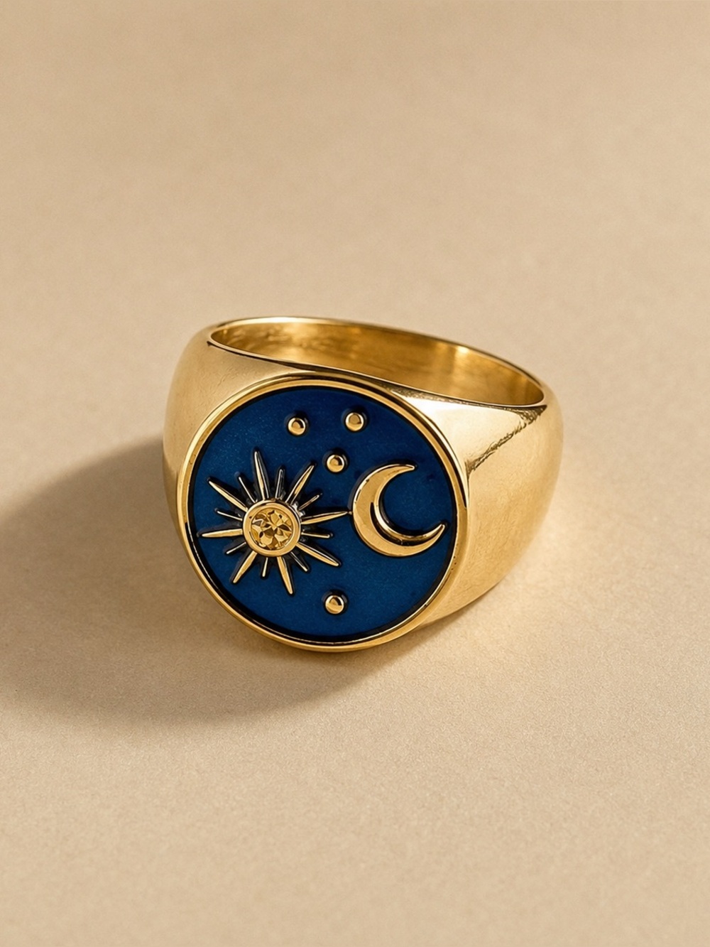 Anthropologie Gold-Tone Sun & Moon Signet Ring with Blue Enamel